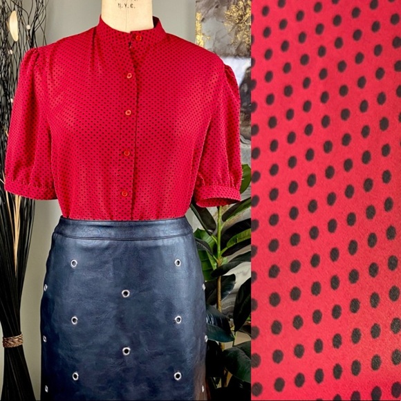 VINTAGE Givenchy Sheer Red Black Polka Dot Top Puff Sleeve Shoulder Blouse Shirt - Picture 1 of 9
